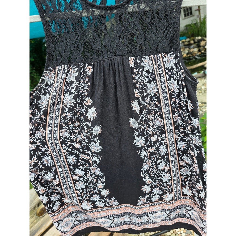 Estam Womens Boho Floral Border Print Sleeveless Tunic Top Black Lace Yoke L - Picture 5 of 9